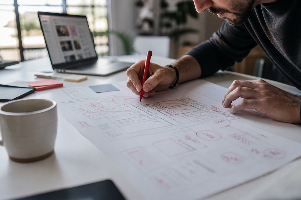 Boceto de landing page con estructura de conversion