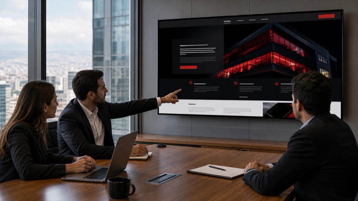 Equipo revisando una propuesta web en una sala de juntas en Colombia