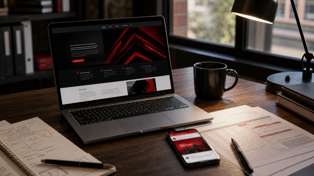 Mesa de estrategia con pagina web, celular y documentos de campaña